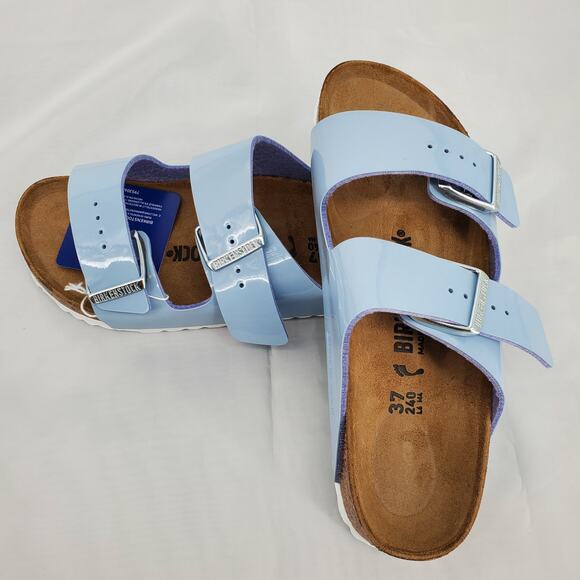 Birkenstock Unisex 37/W6/M4 Arizona Patent Dove Blue Birko Flor Sandals New - Picture 2 of 12